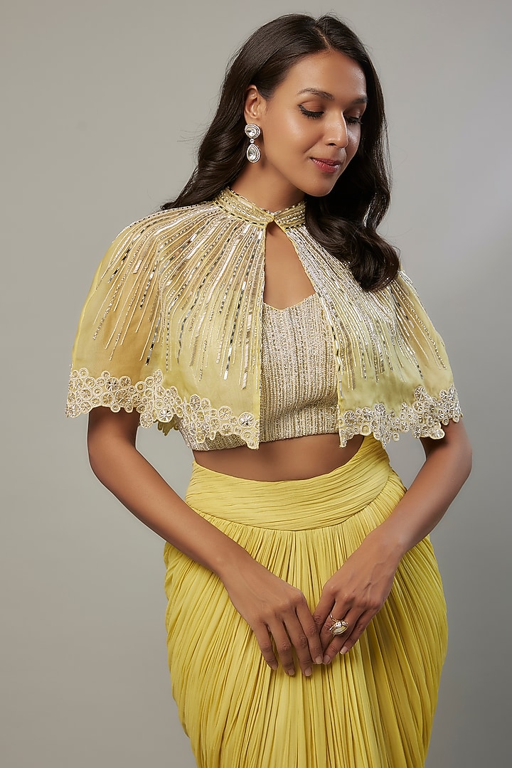 Yellow Viscose Georgette Draped Skirt Set by COUTURE BY NIHARIKA at Pernia's Pop Up Shop