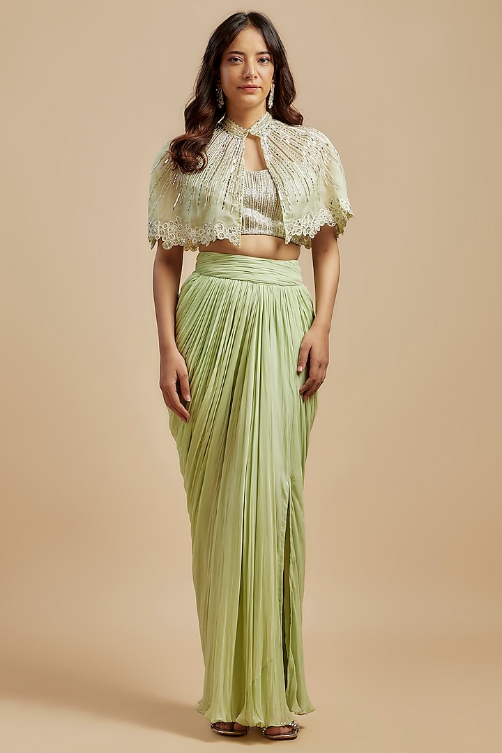 Mint Green Viscose Georgette Draped Skirt Set by COUTURE BY NIHARIKA