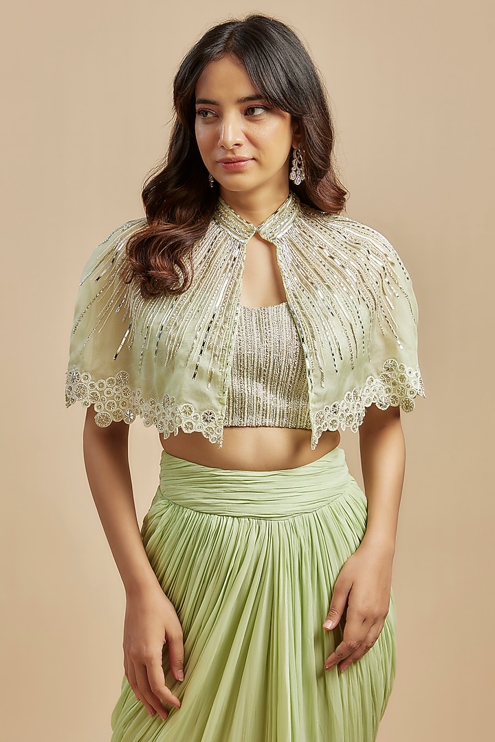 Mint Green Viscose Georgette Draped Skirt Set by COUTURE BY NIHARIKA at Pernia's Pop Up Shop