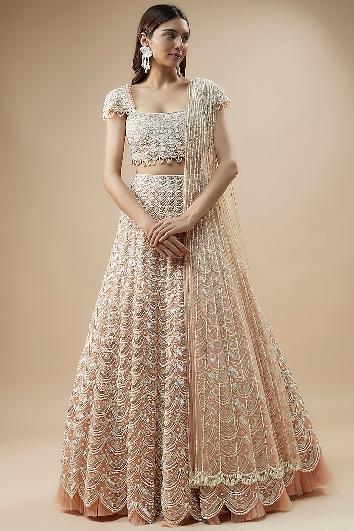 Peach Organza Moti Work Bridal Lehenga Set by COUTURE BY NIHARIKA at Pernia's Pop Up Shop