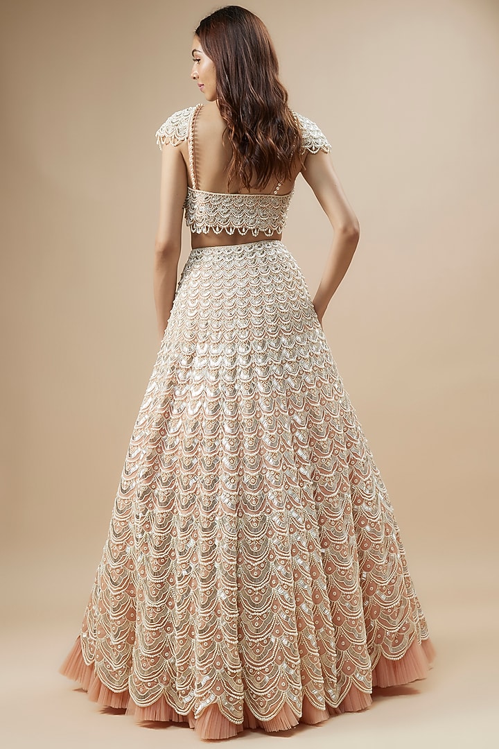 Peach Organza Moti Work Bridal Lehenga Set by COUTURE BY NIHARIKA at Pernia's Pop Up Shop