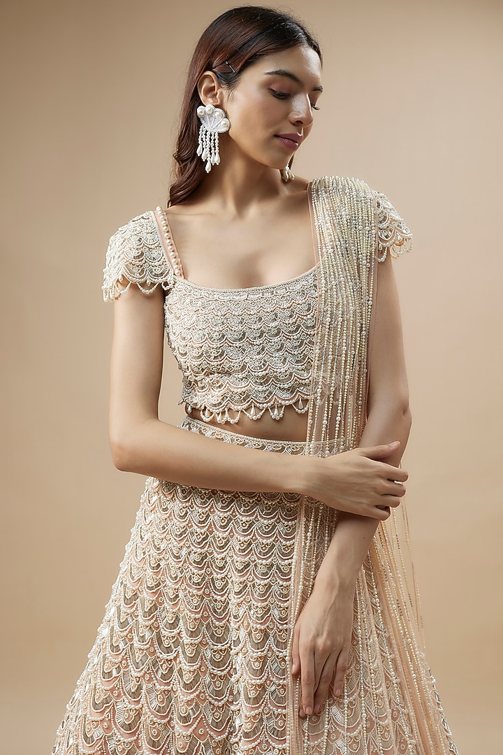 Peach Organza Moti Work Bridal Lehenga Set by COUTURE BY NIHARIKA at Pernia's Pop Up Shop