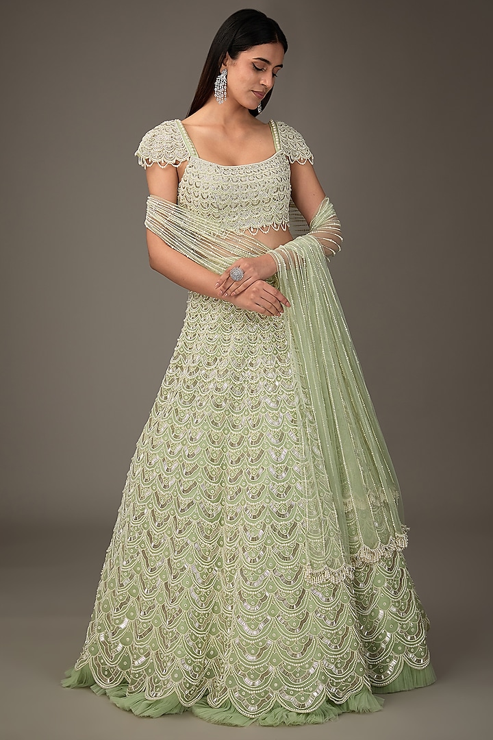 Mint Green Organza Moti Embroidered Bridal Lehenga Set by COUTURE BY NIHARIKA at Pernia's Pop Up Shop