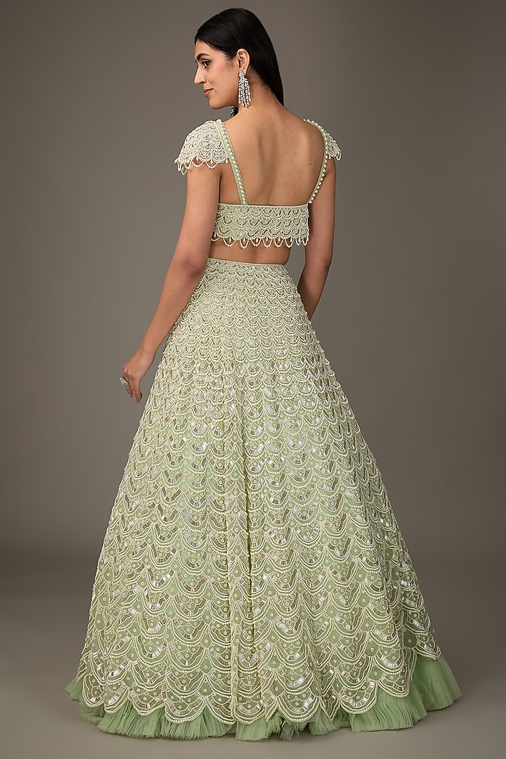 Mint Green Organza Moti Embroidered Bridal Lehenga Set by COUTURE BY NIHARIKA at Pernia's Pop Up Shop