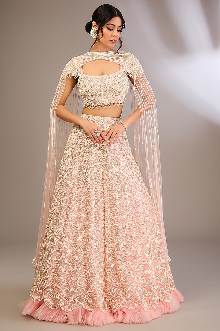 Powder Pink Organza Scalloped Moti Embroidered Bridal Lehenga Set by COUTURE BY NIHARIKA at Pernia's Pop Up Shop
