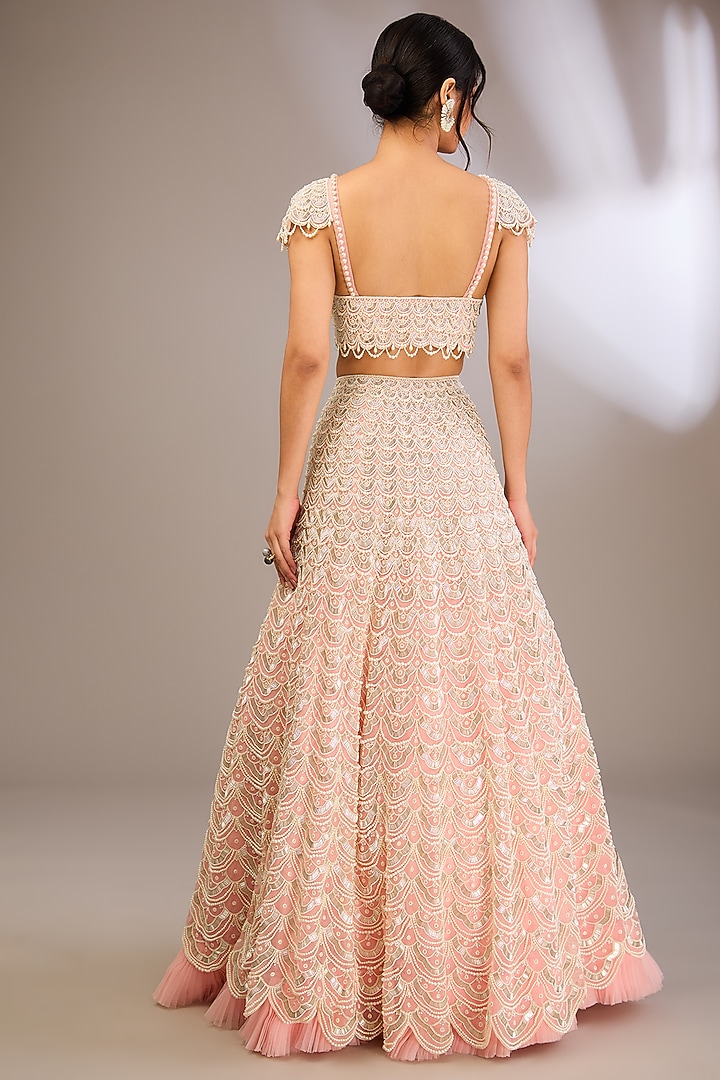Powder Pink Organza Scalloped Moti Embroidered Bridal Lehenga Set by COUTURE BY NIHARIKA at Pernia's Pop Up Shop