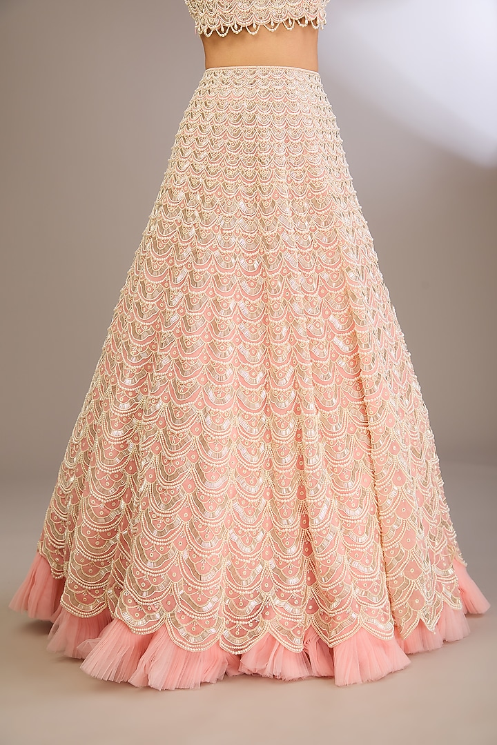 Powder Pink Organza Scalloped Moti Embroidered Bridal Lehenga Set by COUTURE BY NIHARIKA at Pernia's Pop Up Shop