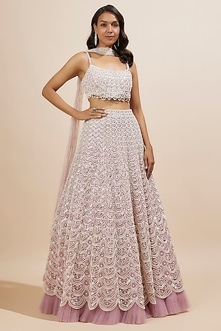 Lavender Organza Moti Work Lehenga Set by COUTURE BY NIHARIKA