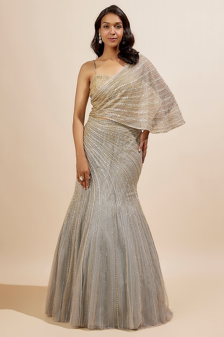 Grey Net & Viscose Sequins Embroidered Gown by COUTURE BY NIHARIKA
