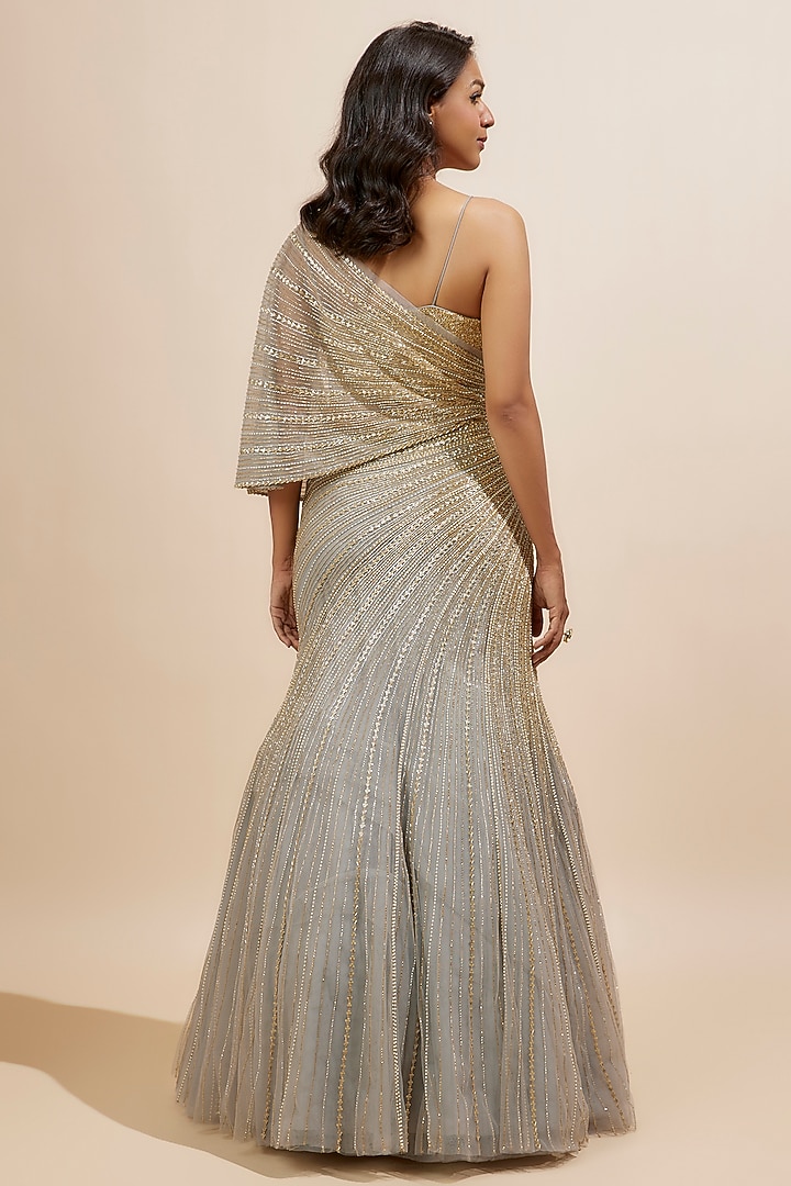 Grey Net & Viscose Sequins Embroidered Wedding Gown by COUTURE BY NIHARIKA at Pernia's Pop Up Shop