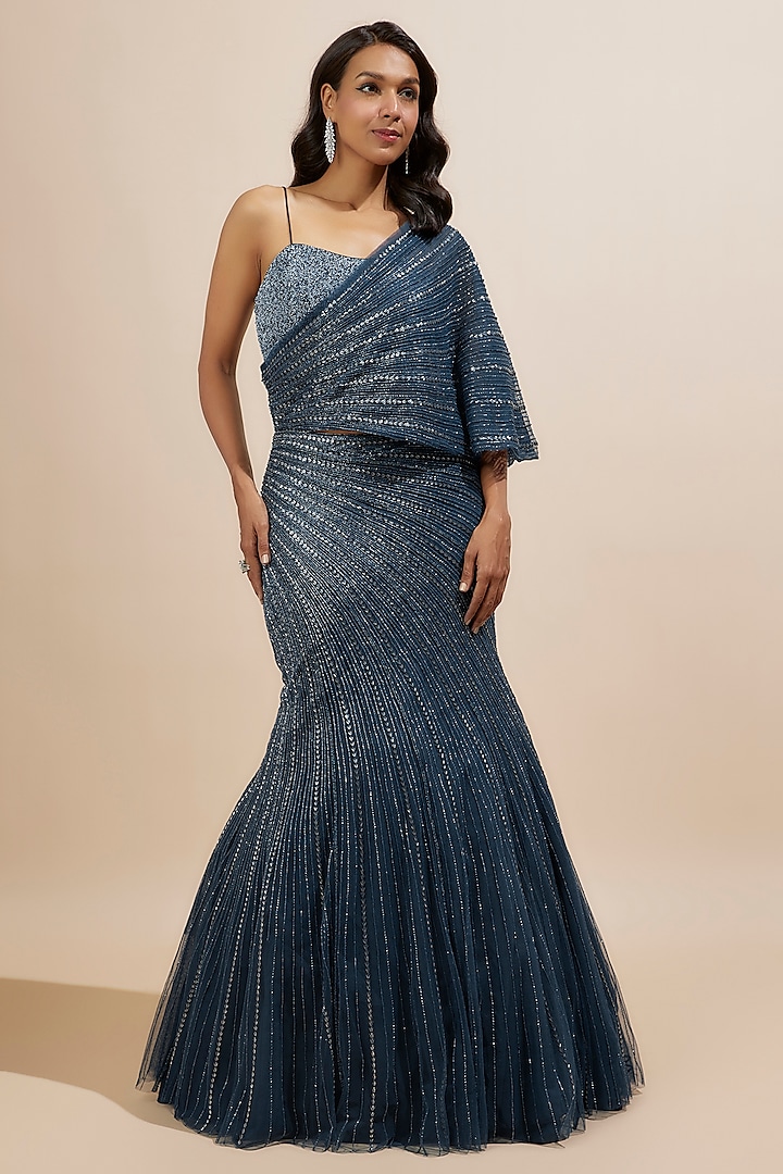 Navy Blue Net & Viscose Sequins Embroidered Gown by COUTURE BY NIHARIKA