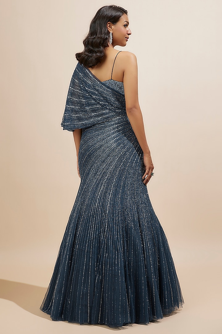 Navy Blue Net & Viscose Sequins Embroidered Wedding Gown by COUTURE BY NIHARIKA at Pernia's Pop Up Shop