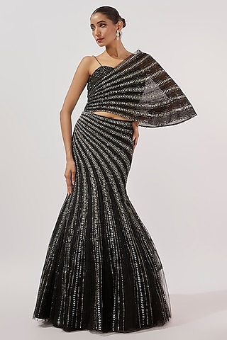 Black Net & Viscose Sequins Line Embroidered Lehenga Set by COUTURE BY NIHARIKA