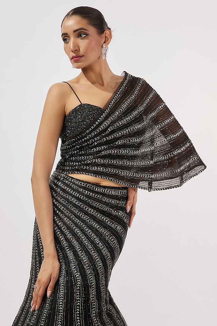 Black Net & Viscose Sequins Line Embroidered Wedding Lehenga Set by COUTURE BY NIHARIKA at Pernia's Pop Up Shop