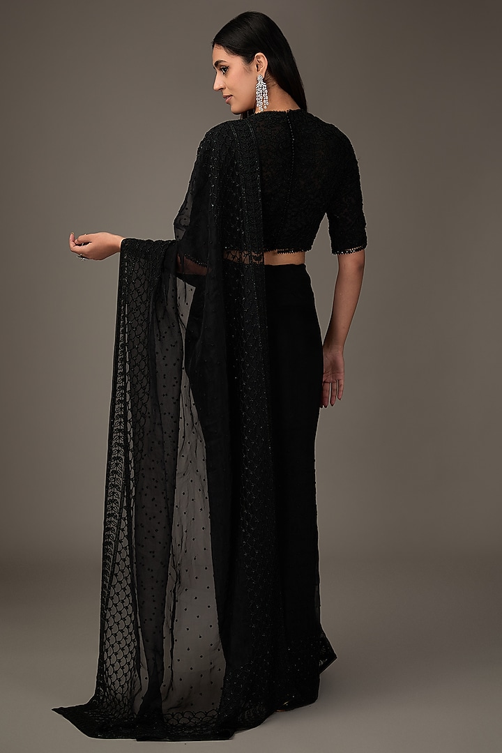 Black Organza Chitta Work Reception Saree Set by COUTURE BY NIHARIKA at Pernia's Pop Up Shop