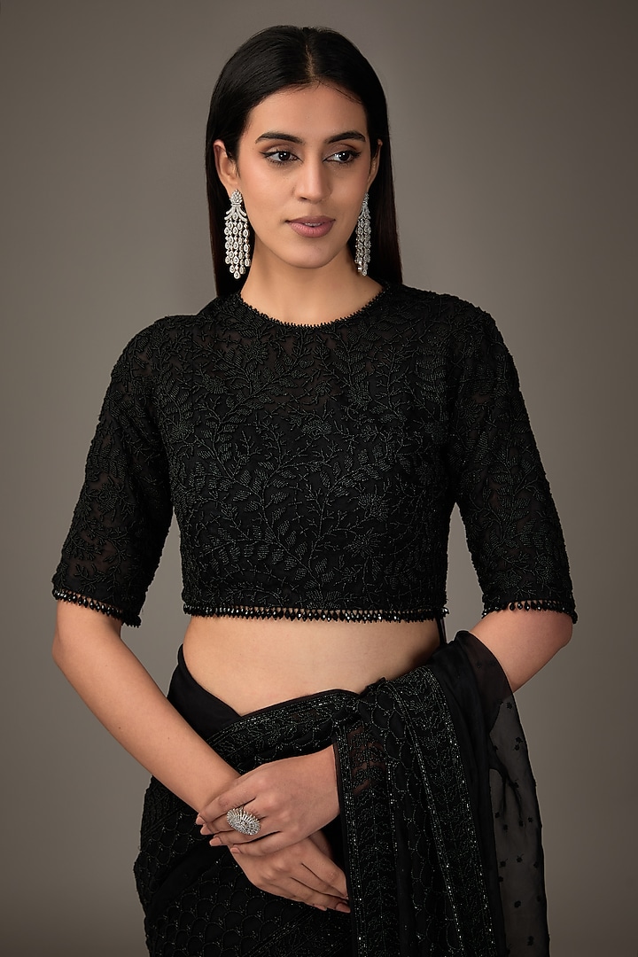 Black Organza Chitta Work Reception Saree Set by COUTURE BY NIHARIKA at Pernia's Pop Up Shop