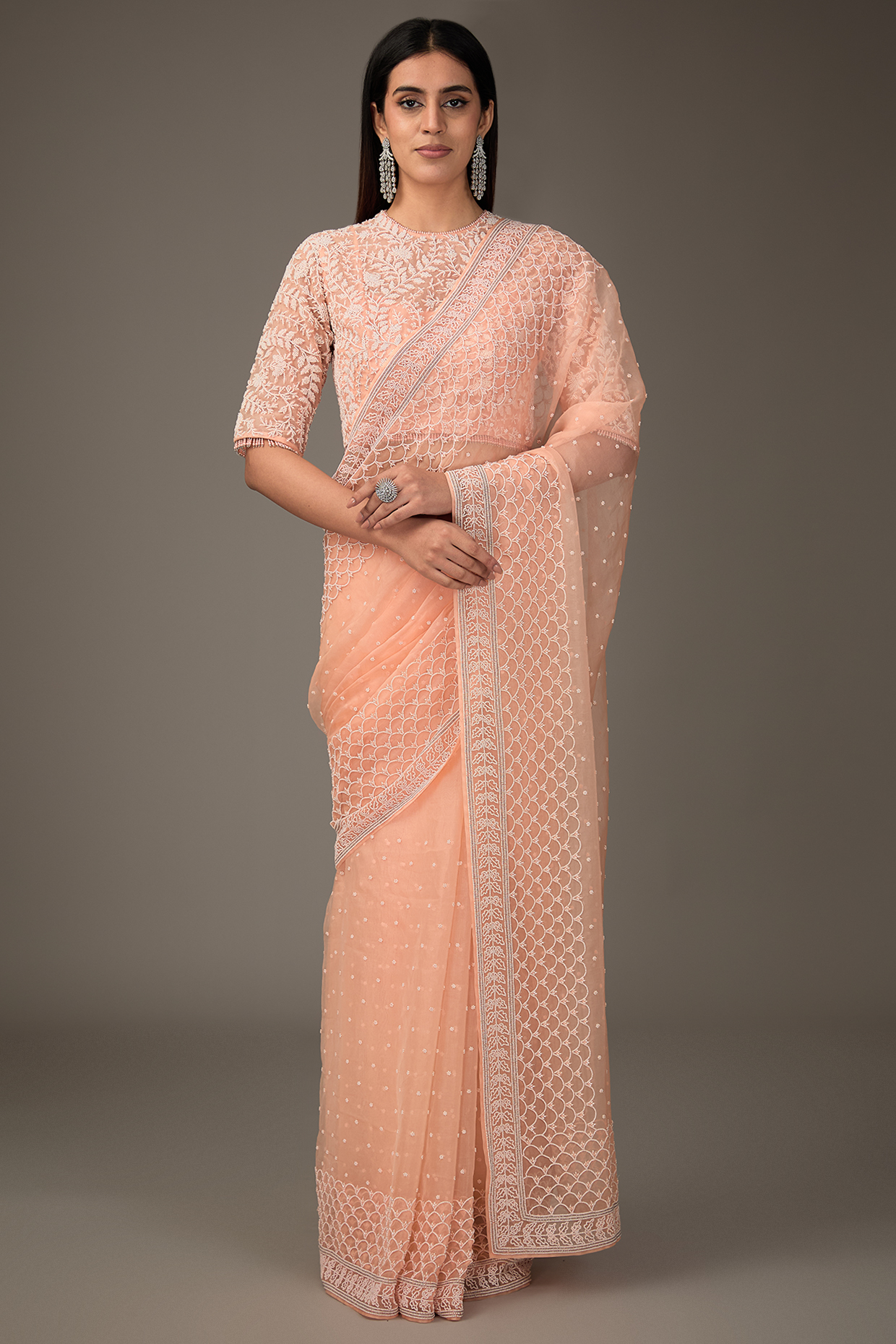 Peach Organza Chitta Work Reception Saree Set by COUTURE BY NIHARIKA at Pernia's Pop Up Shop