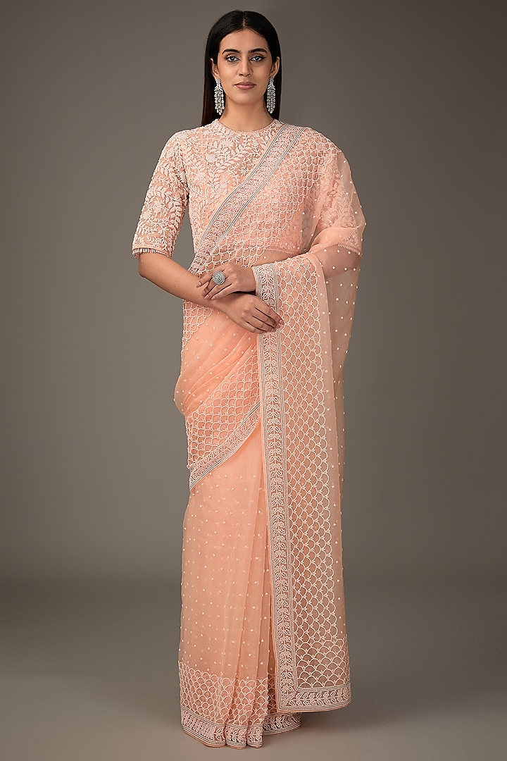 Peach Organza Chitta Work Reception Saree Set by COUTURE BY NIHARIKA at Pernia's Pop Up Shop