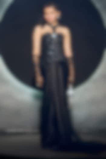 Black Satin Draped Skirt Set by COUTURE BY NIHARIKA at Pernia's Pop Up Shop