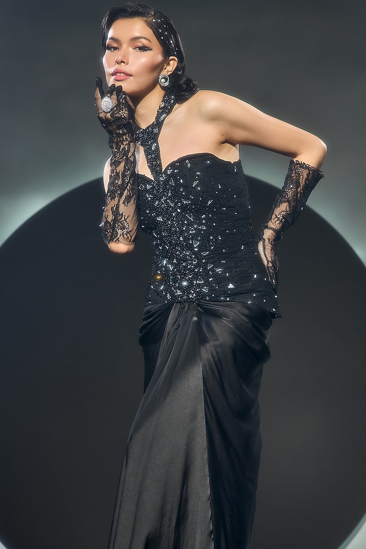 Black Satin Draped Skirt Set by COUTURE BY NIHARIKA at Pernia's Pop Up Shop