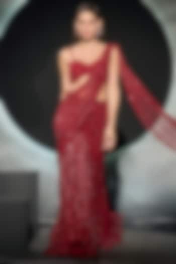 Red Net Embroidered Reception Lehenga Saree Set by COUTURE BY NIHARIKA at Pernia's Pop Up Shop