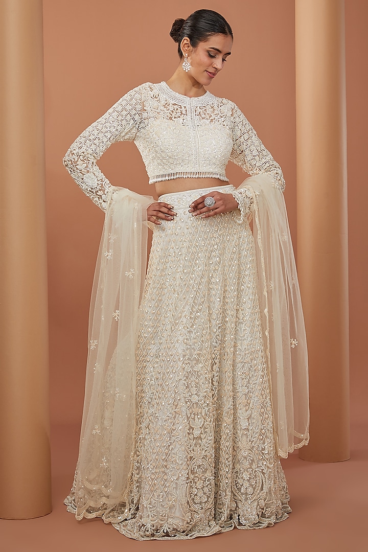Ivory Net French Knot Hand Embroidered Lehenga Set by Neha Mehta Couture