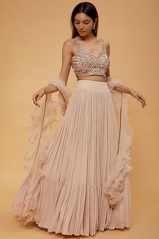 Champagne Chiffon Lehenga Set by Neha Mehta Couture
