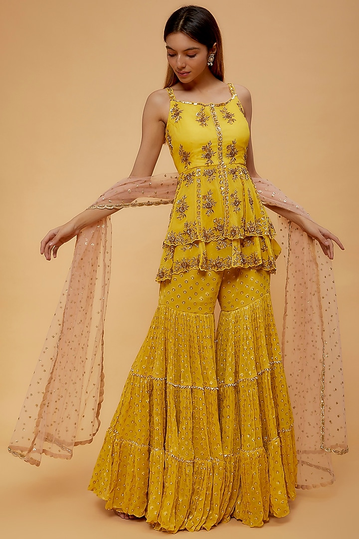 Yellow Georgette Wedding Sharara Set by Neha Mehta Couture at Pernia's Pop Up Shop