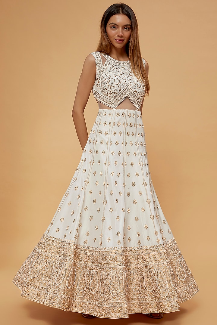 Ivory Silk Hand Embroidered Gown by Neha Mehta Couture