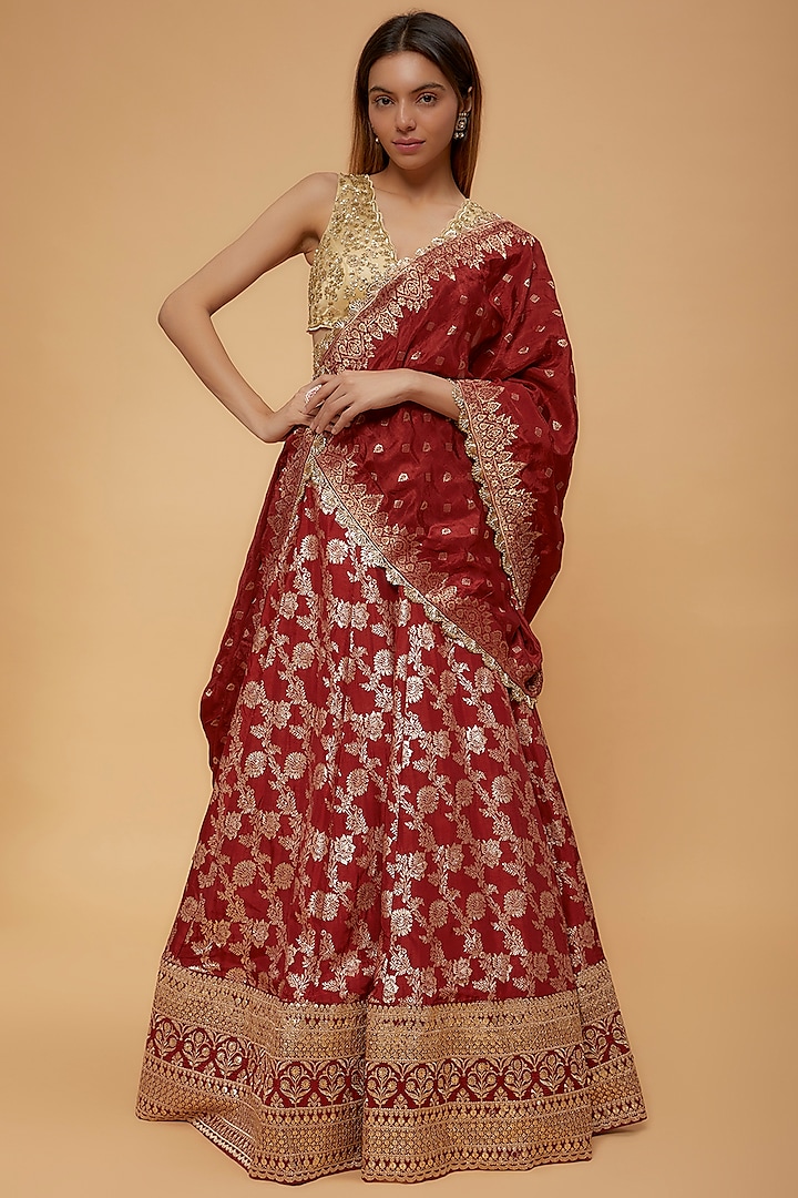 Red Pure Banarasi Lehenga Set by Neha Mehta Couture