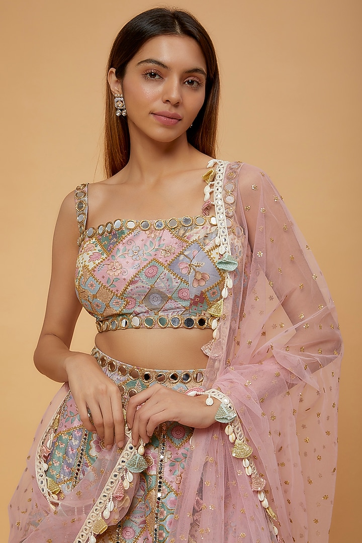 Teal Net Lehenga Set With Multi Color Resham & Mirror Embroidery