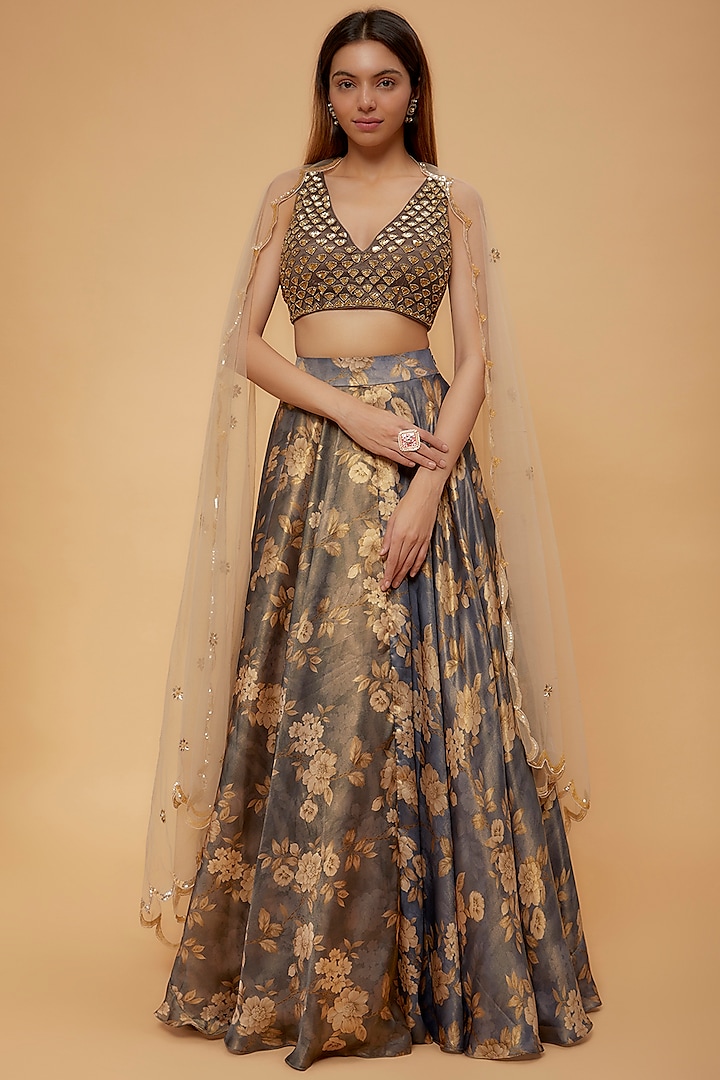 Grey Silk Floral Embroidered Lehenga Set by Neha Mehta Couture