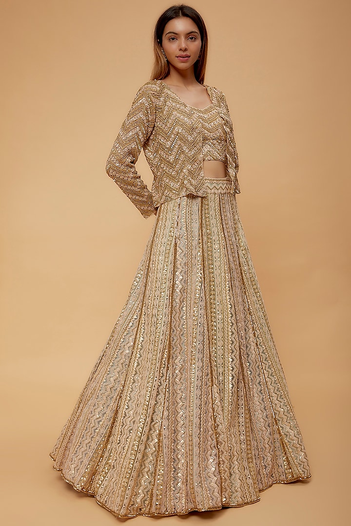Gold Net Hand Embroidered Lehenga Set by Neha Mehta Couture