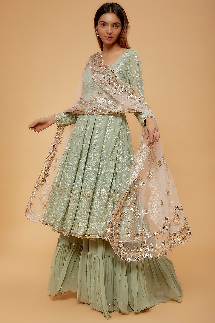 Green Pure Mukaish Sharara Set by Neha Mehta Couture