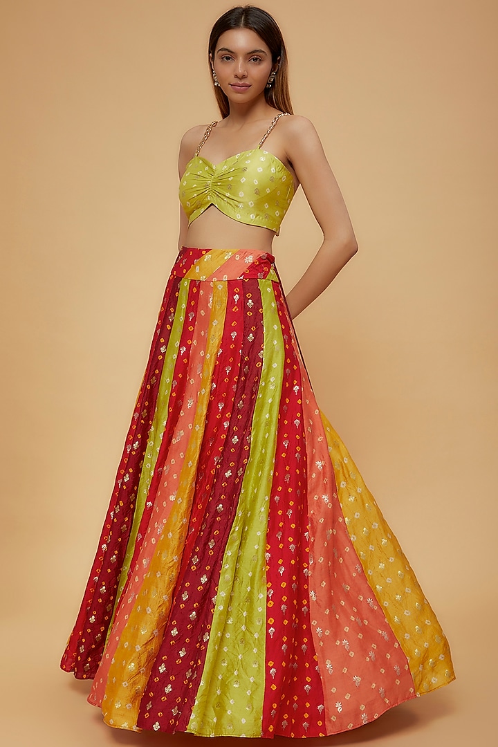 Multi-Coloured Pure Bandhani Lehenga Set by Neha Mehta Couture