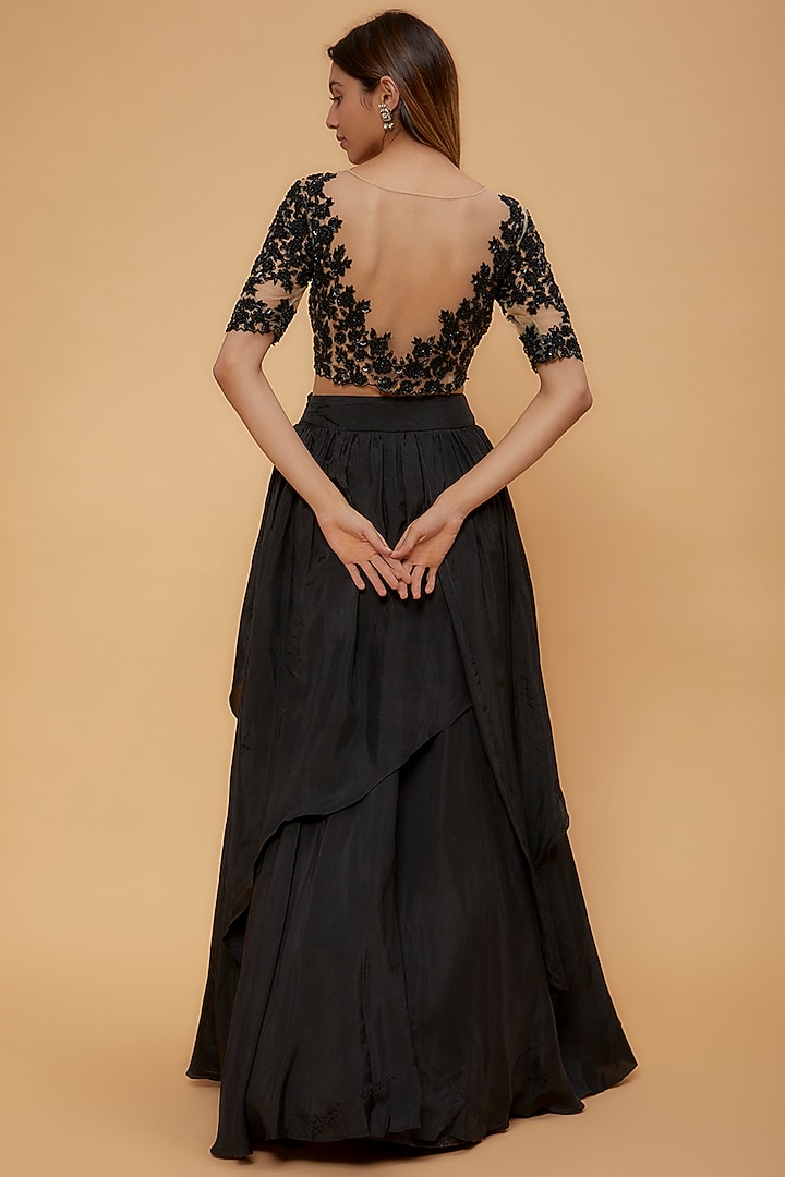 Black Satin Georgette Layered Wedding Lehenga Set by Neha Mehta Couture at Pernia's Pop Up Shop