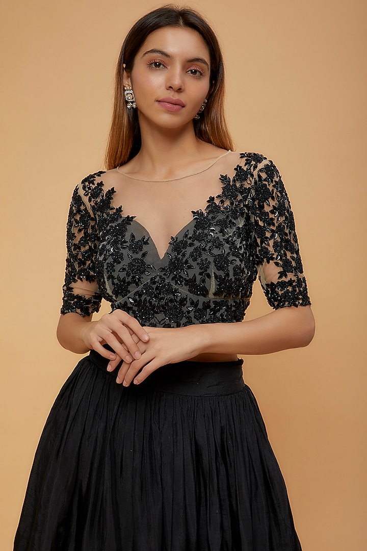 Black Satin Georgette Layered Wedding Lehenga Set by Neha Mehta Couture at Pernia's Pop Up Shop
