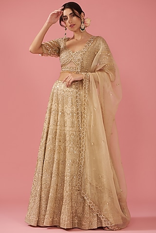 Gold Pure Lucknowi Hand Embroidered Lehenga Set by Neha Mehta Couture