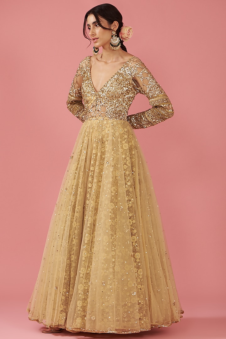 Gold Net Hand Embroidered Gown by Neha Mehta Couture