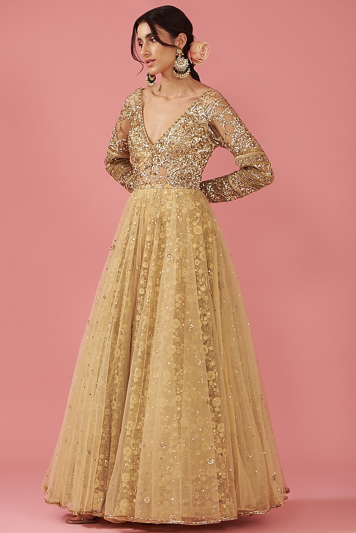 Gold Net Hand Embroidered Gown by Neha Mehta Couture at Pernia's Pop Up Shop