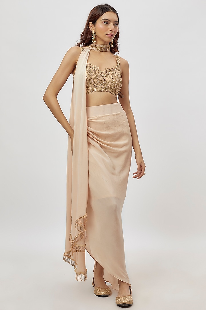 Gold Silk Draped Skirt Set by Neha Mehta Couture at Pernia's Pop Up Shop