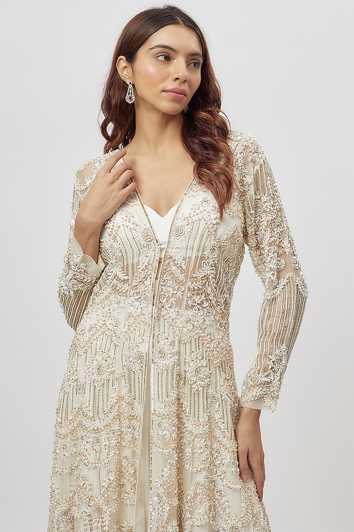 White Silk & Net Hand Embroidered Jacket Bridal Lehenga Set by Neha Mehta Couture at Pernia's Pop Up Shop