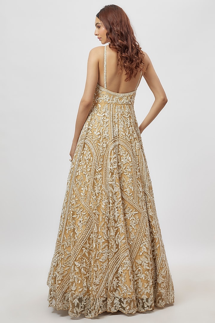Gold Net Hand Embroidered Bridal Gown by Neha Mehta Couture at Pernia's Pop Up Shop