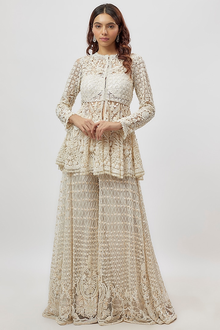 White Net Hand Embroidered Sharara Set by Neha Mehta Couture at Pernia's Pop Up Shop