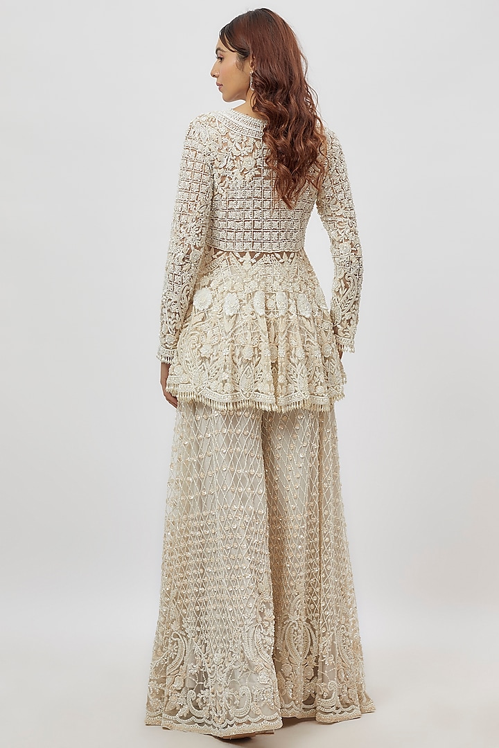 White Net Hand Embroidered Bridal Sharara Set by Neha Mehta Couture at Pernia's Pop Up Shop