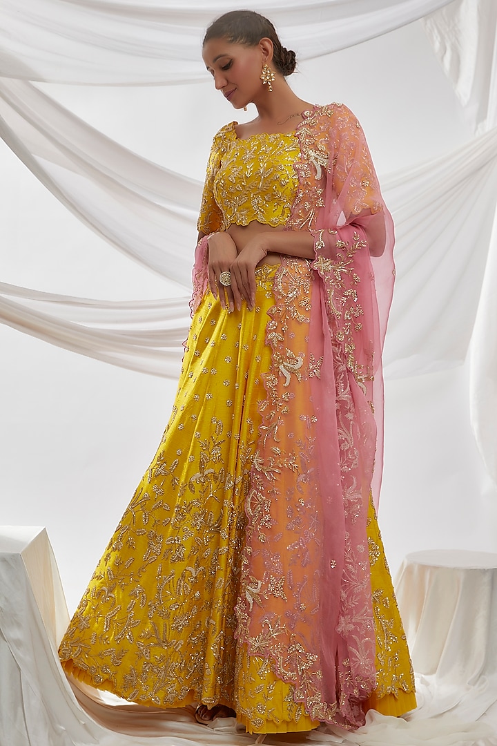 Mustard Yellow Silk Hand Embroidered Bridal Lehenga Set by Neha Mehta Couture at Pernia's Pop Up Shop