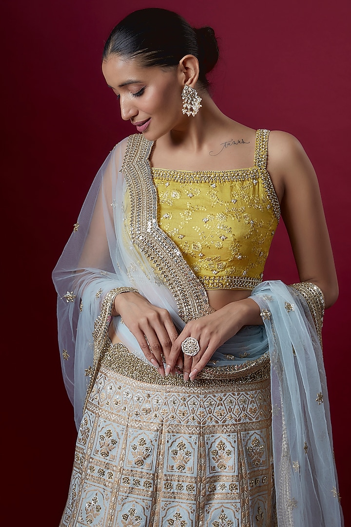 Powder Blue Silk Hand Embroidered Wedding Lehenga Set by Neha Mehta Couture at Pernia's Pop Up Shop