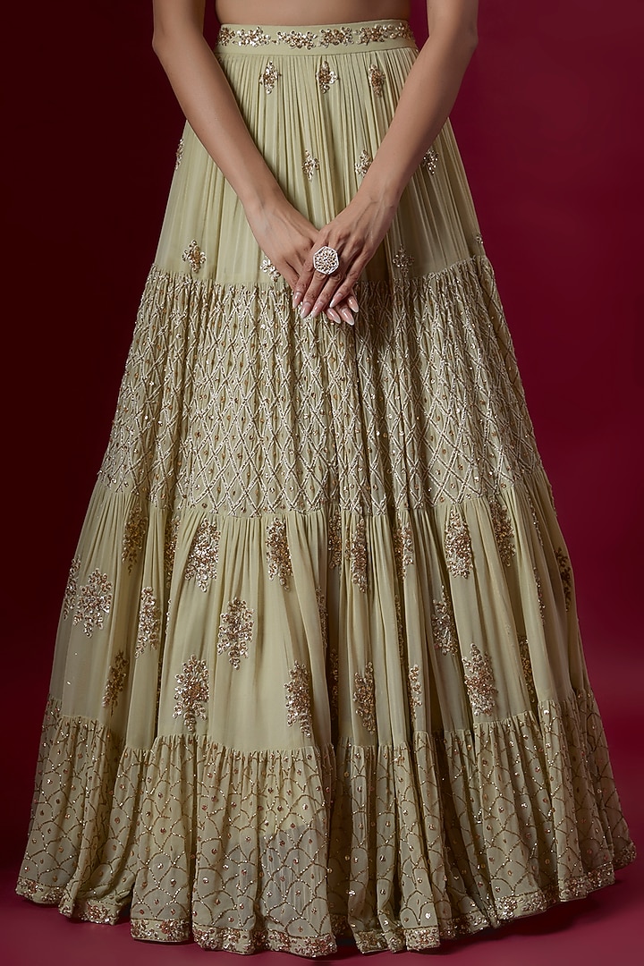 Sage Green Silk Hand Embroidered Bridal Lehenga Set by Neha Mehta Couture at Pernia's Pop Up Shop