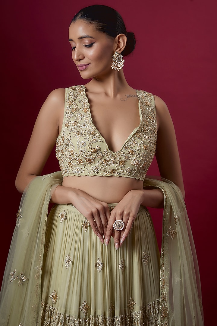 Sage Green Silk Hand Embroidered Bridal Lehenga Set by Neha Mehta Couture at Pernia's Pop Up Shop