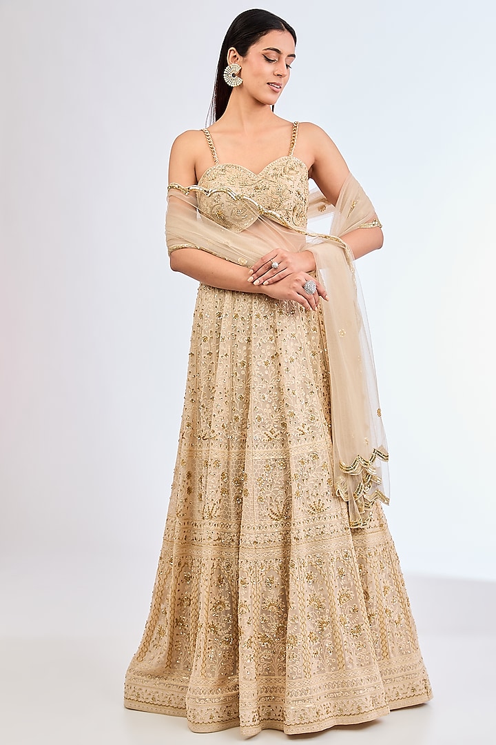 Gold Lucknowi & Silk Hand Embroidered Wedding Lehenga Set by Neha Mehta Couture at Pernia's Pop Up Shop